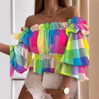 Blusa Casual Moderna de Verão para Mulheres: Elegância e Conforto 11 Off Shoulder Summer Ladies Multi-layer Top Colorful Pleated Autumn Blouse Fashion Women Ruffles Long Sleeve Shirt for Beach