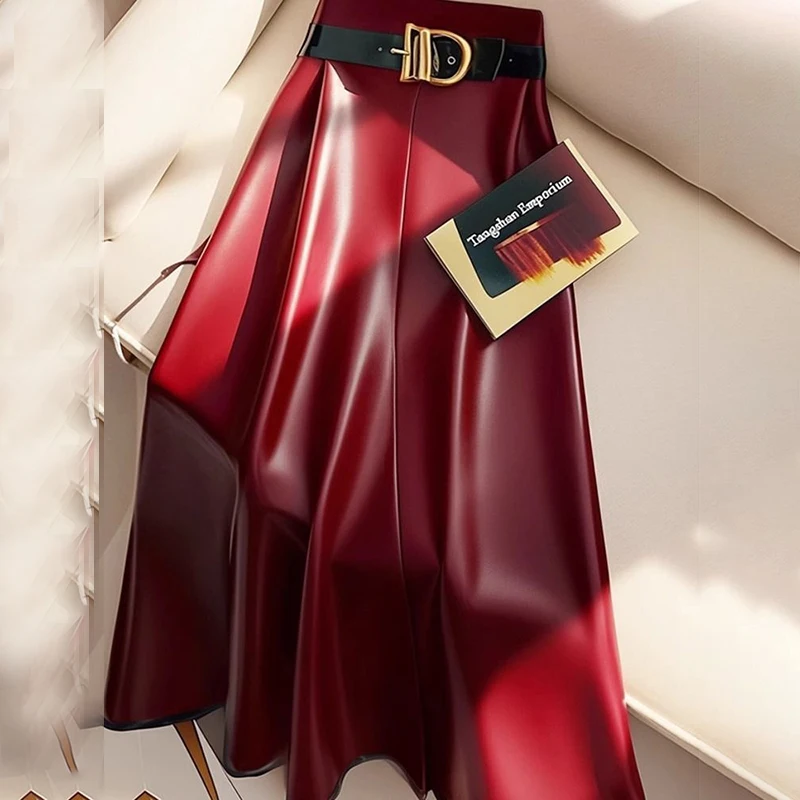 High end goddess style high-end red PU skirt for women 2024 new Leather midi skirt, mid length umbrella skirt 74 Sdd0549face0e412682f28ce754823637Q