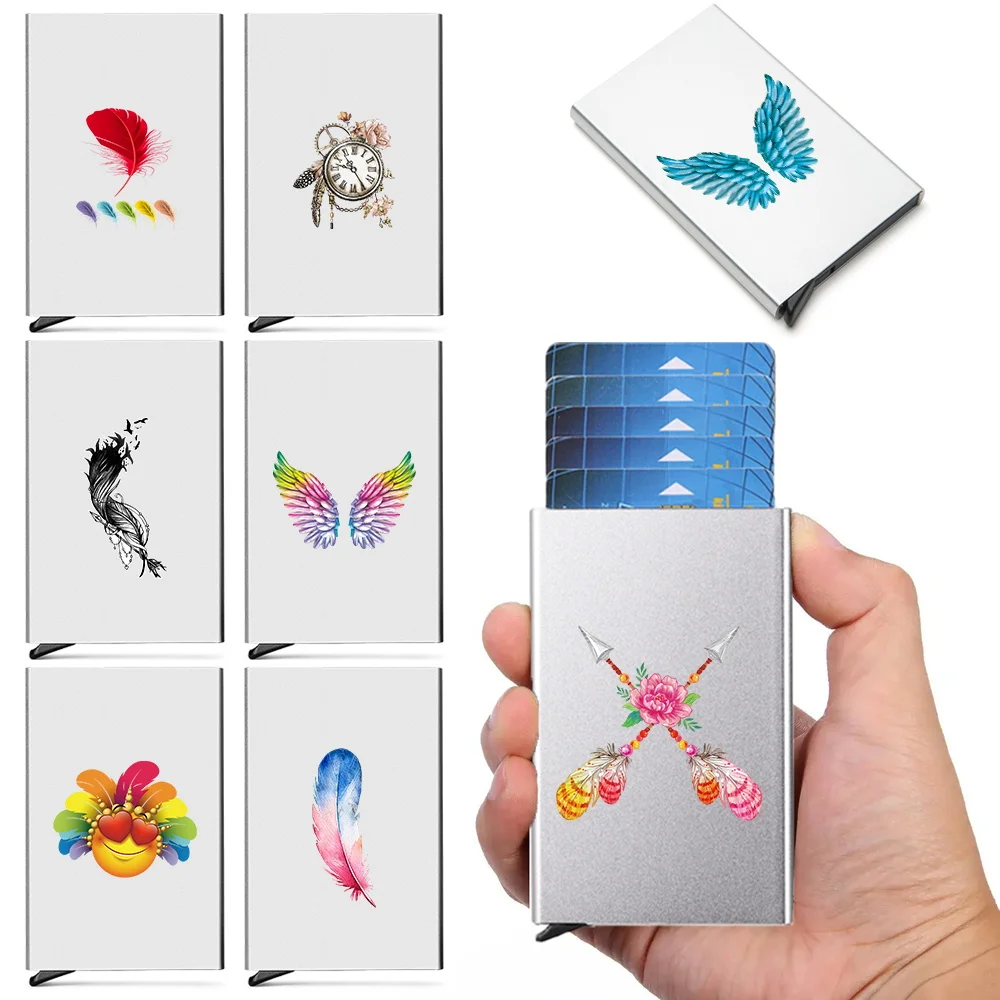 

Aluminium Anti Rfid Card Holder NFC Blocking Reader Lock Bank Card Protection Automatic Pop Up Credit Card Case Feather Pattern