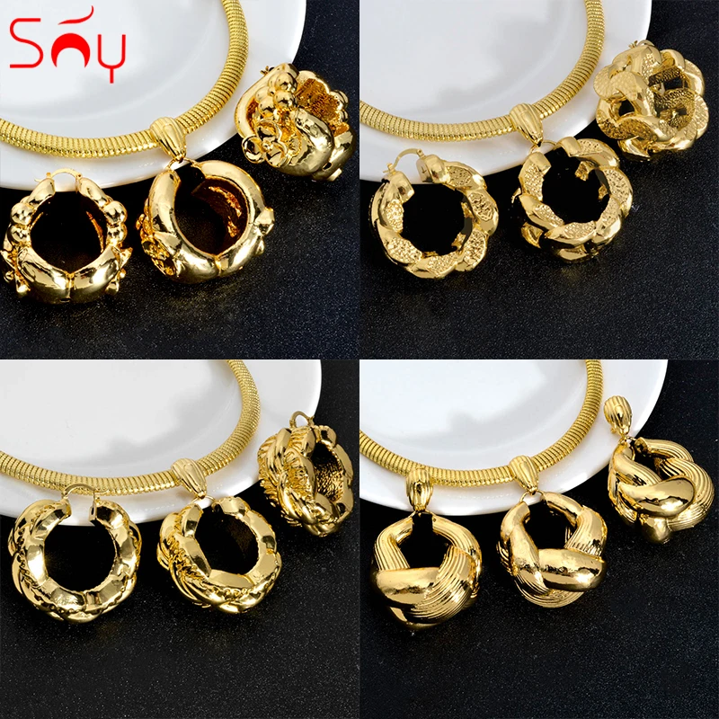 

Sunny Jewelry Sets For Women Large Pendent Necklace Earrings Ear Drop Choker Dubai 18K Gold Plated Jewellery Wedding Party Gift