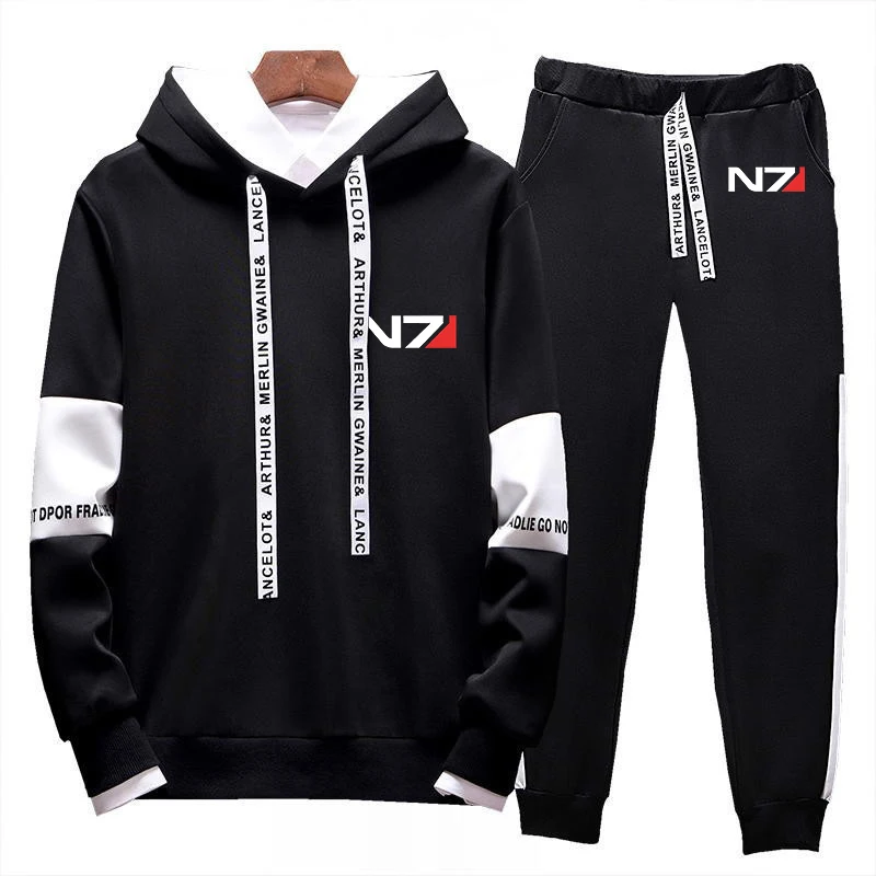 

2023 Spring Autumn N7 Mass Effect Logo Printed Men's Splicing Sleeve Hooded Hoodies+Popular Sports Trousers Frenulum Design Sets