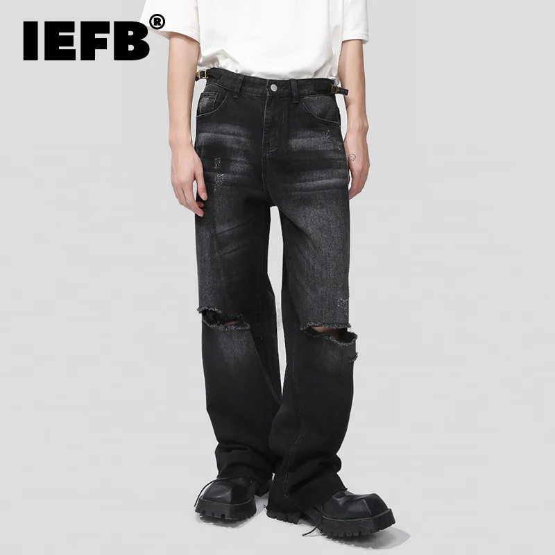 

IEFB Korean Style Trend Men's Jean Fashion Worn Oout Baggy Jean Trousers Vintage Washed Hole Wide Leg Denim Pants Autumn 9C2533