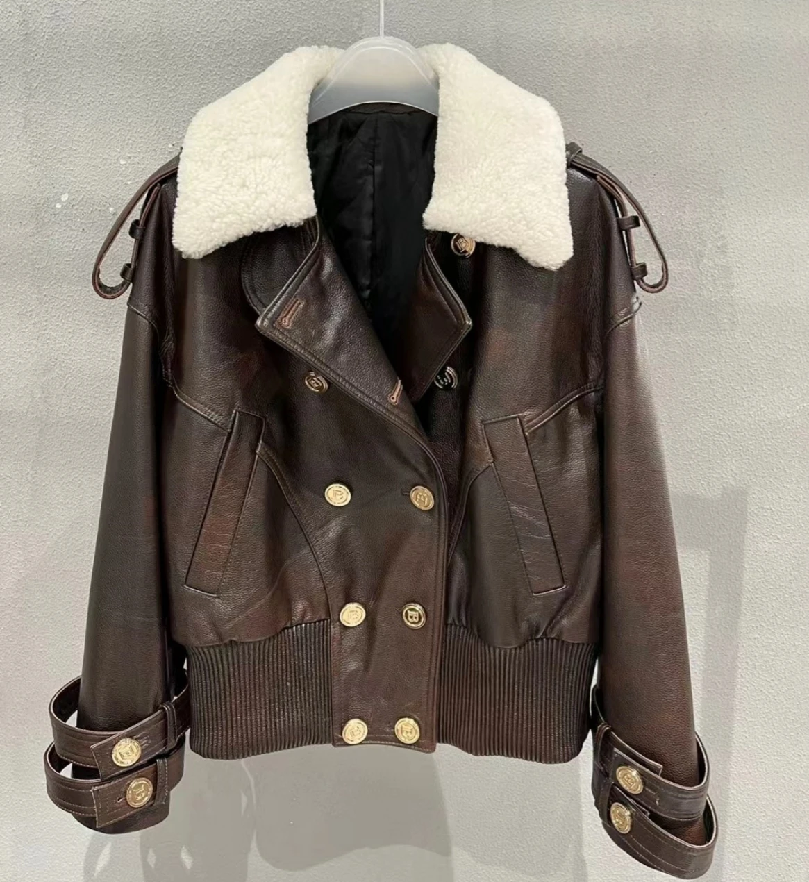 

Women Clothes Autumn Winter Luxurious Short Jacket Real Wool Collar Double Breasted Sheepskin Casual Coat