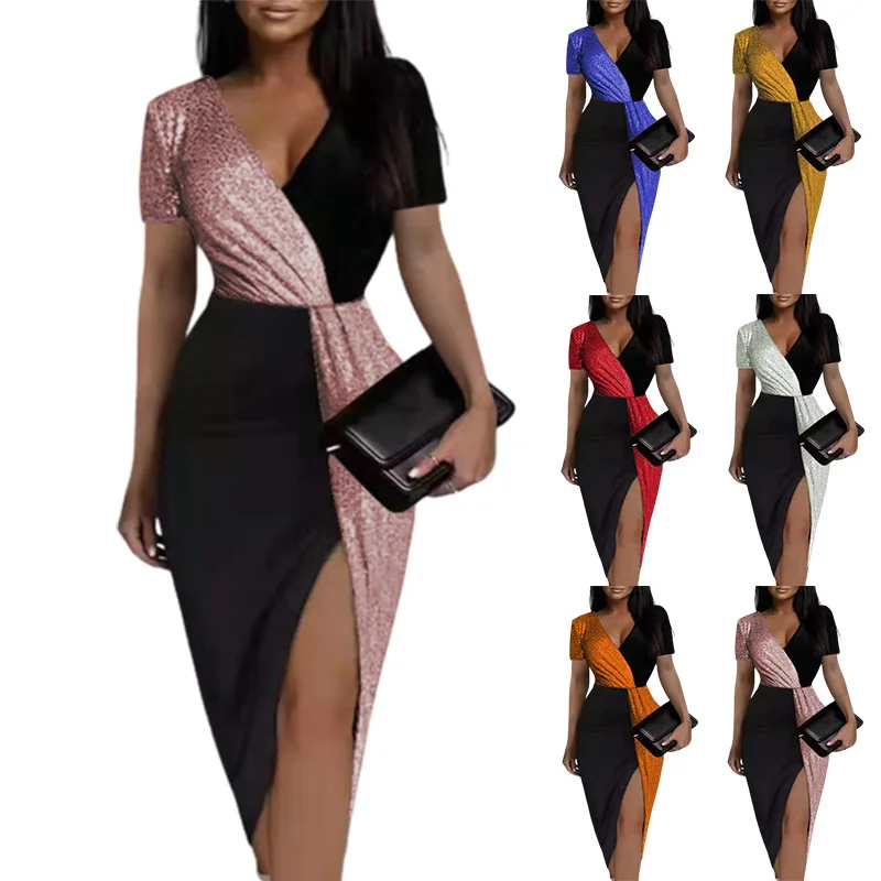 

Hot Sale Ladies Sexy Cocktail Party Dresses For Women 2023 Fashion New Colorblock Sequined Waist Dress Cocktail Dress robe femme