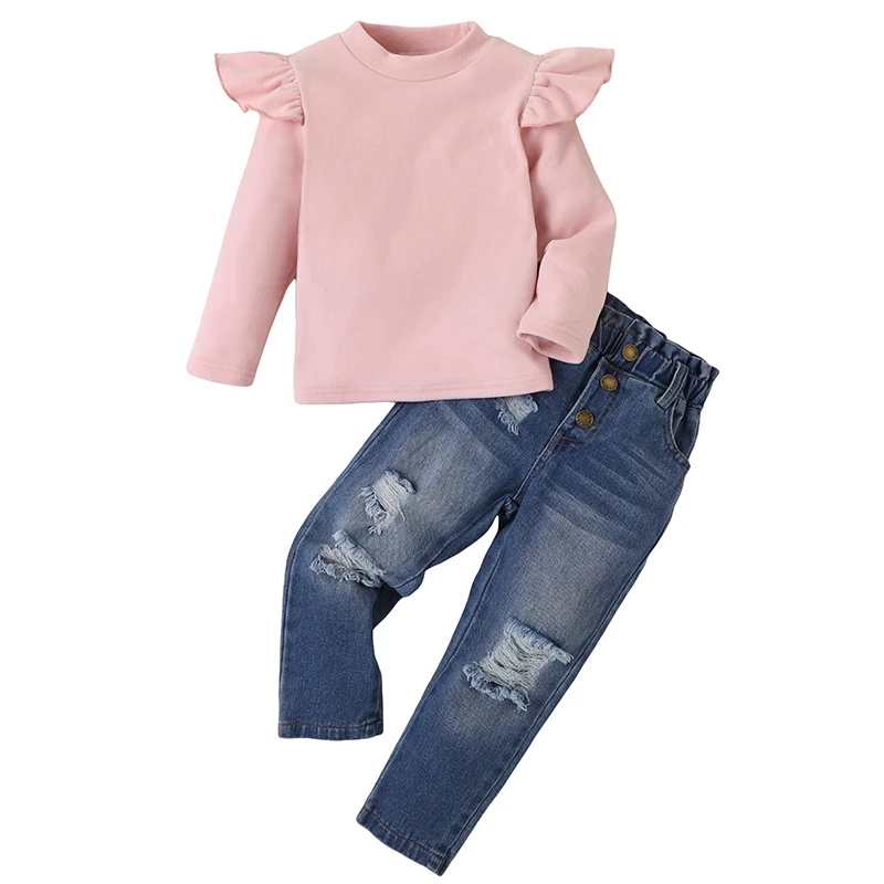 

Mubineo Toddler Girl Clothes Long Sleeve Shirt Ripped Jeans Outfits Ruffle Tops Destroyed Jean Pant Girls Kid Set