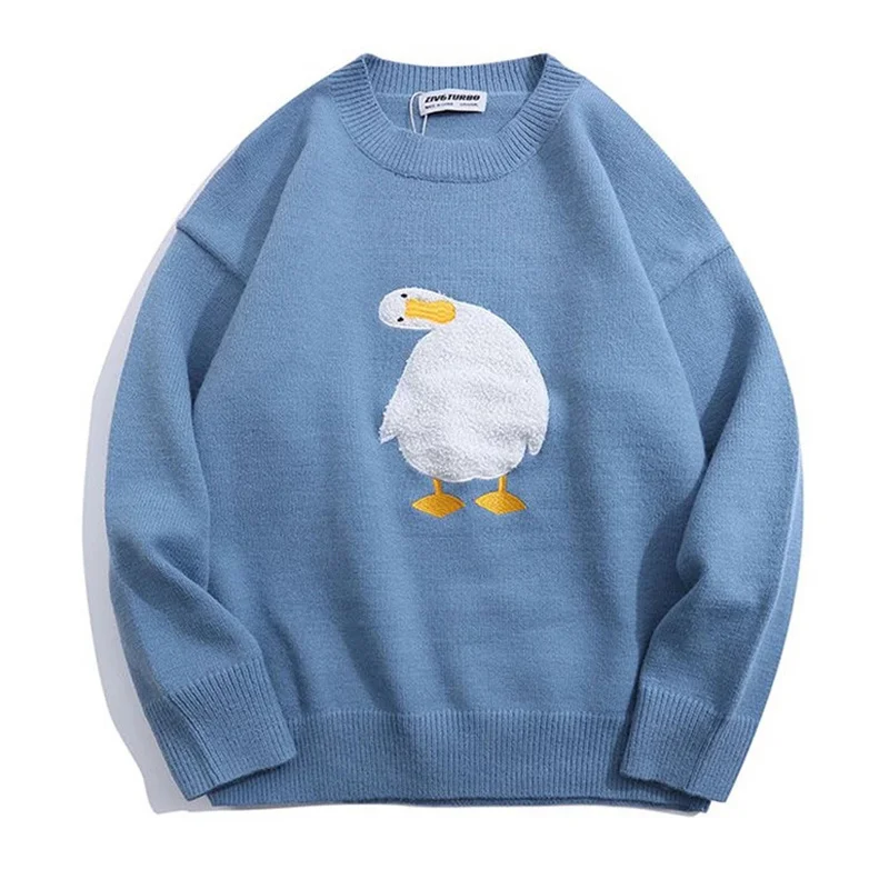 

Men Harajuku Sweater Cartoon Duck Goose Embroidery Knitted Pullover Japanese College Style O-Neck Jumper Unisex Spring Autunm