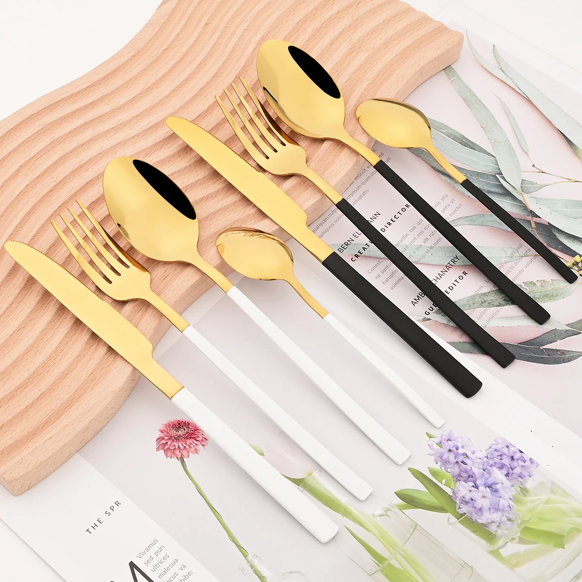 

24Pcs White Gold Dinnerware Set Stainless Steel Silverware Knives Fork Coffee Spoons Cutlery Set Home Kitchen Tableware Flatware