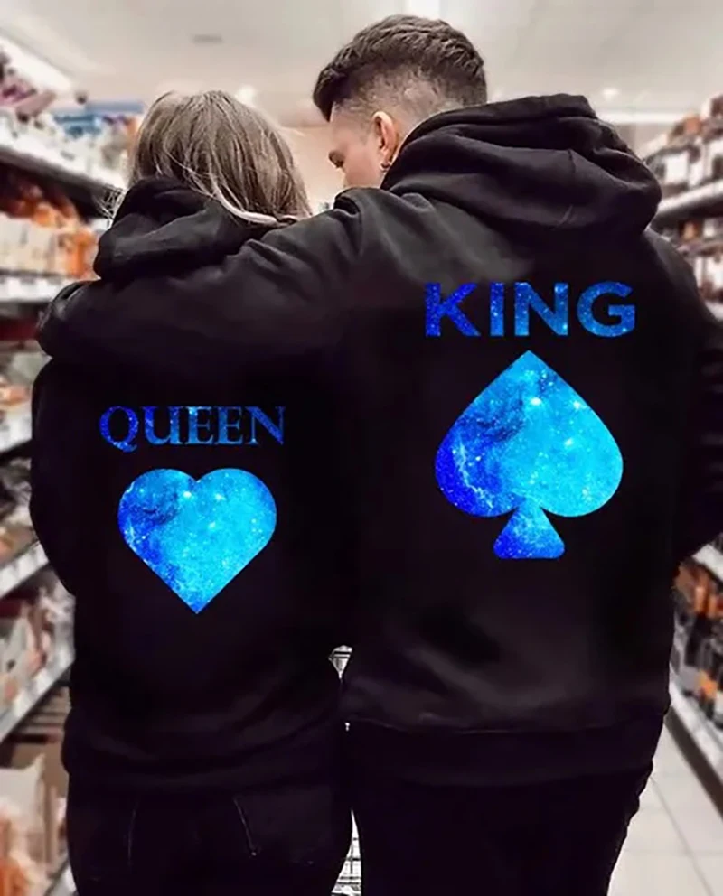 

King And Queen Printed Hoodies For Lovers Fashion Women Men Casual Graphic Creative Couple Sweatshirts Autumn Winter Pullovers