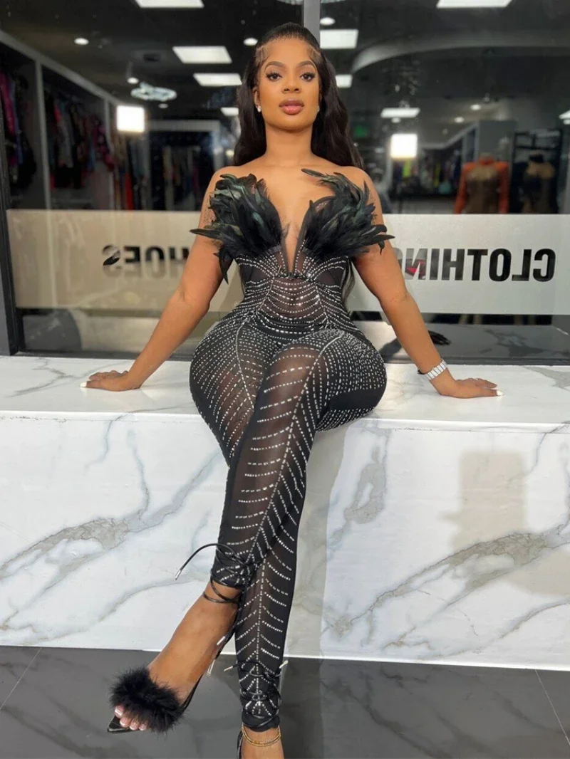 

Mesh See Through Diamonds Jumpsuit Women Sexy Clothing Feather V-Neck Strapless Rompers Playsuits One Piece Set Overalls Outfits