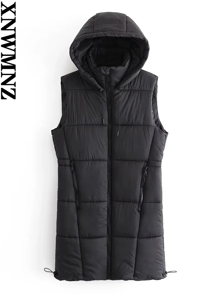 

XNWMNZ Women's Fashion 2023 Autumn/Winter Hooded Long Padded Jacket Waistcoat Zipper Sleeveless Hem Drawstring Female Vest
