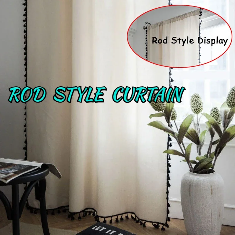 

Solid Color Tassel Curtains Semi Blackout Cotton Blend Rod Pocket Boho Style Window Drap Semi-Sheer Curtains Living Room Bedroom