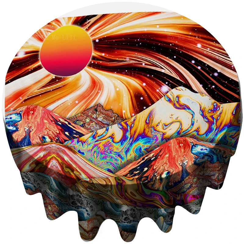 

Psychedelic Sun Mountain Colorful Abstract Art Big Cloud Orange Sky Nature Landscape Round Tablecloth By Ho Me Lili Table Decor