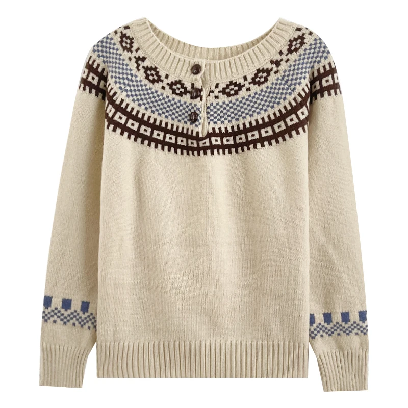 Vintage striped round neck single breasted autumn and winter knit sweater
Vintage striped round neck single breasted autumn and winter knit sweater