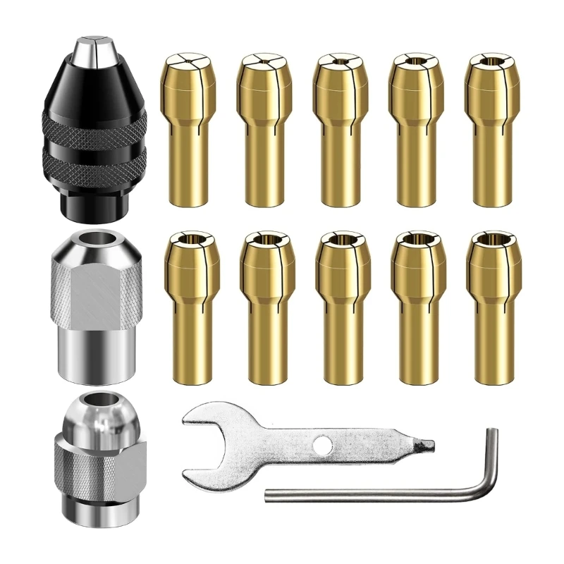 

15PCS 1/32" to 1/8" 4486 Drill Keyless Bit Chuck Shank Drill Chuck Collet Set for Rotary Tool Adapter Brass