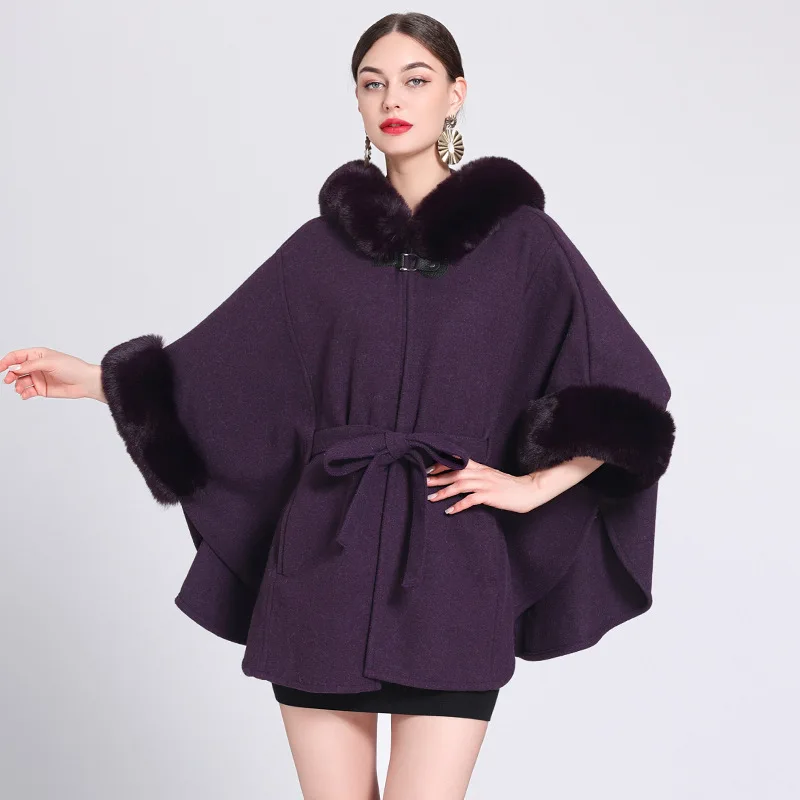 

Winter Streetwear Coat With Hat Batwing Sleeve Warm Faux Fur Neck Belt Cloak Women Woolen Cardigan Loose Horn Button Poncho Cape