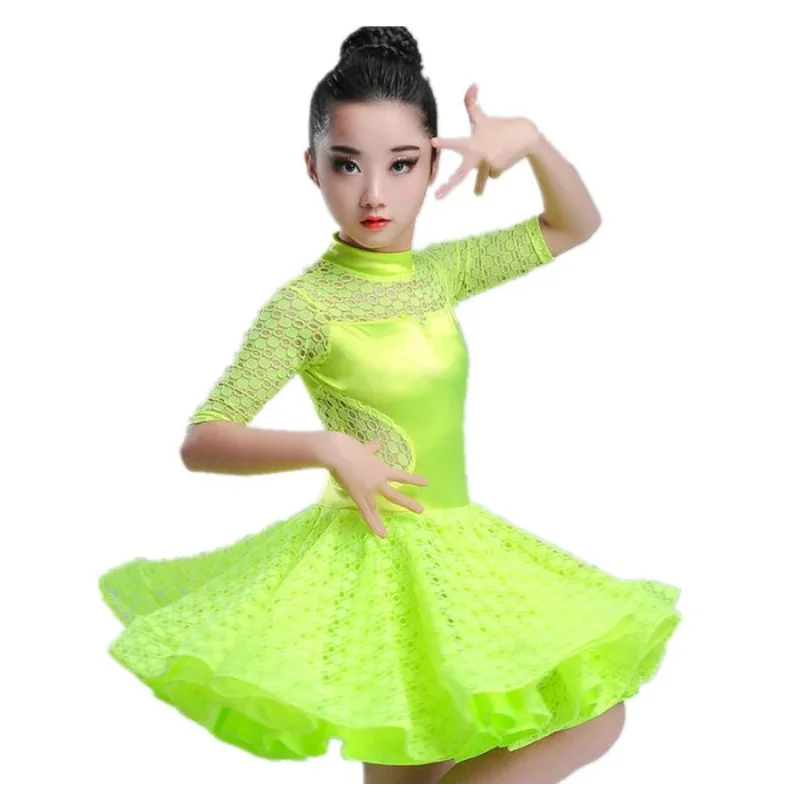 

2024 Girls Latin Dresses for Dancing Ballroom Dance Dress Rumba Samba Spandex Children Samba Cha Cha Tango Skirt Standard Salsa