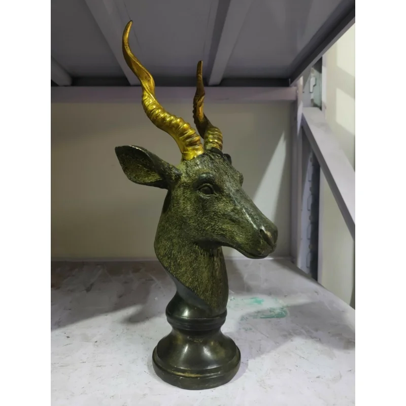 

33cm Rare Antique Bronze Carved Lucky goat rams antelope Head Horn Statue