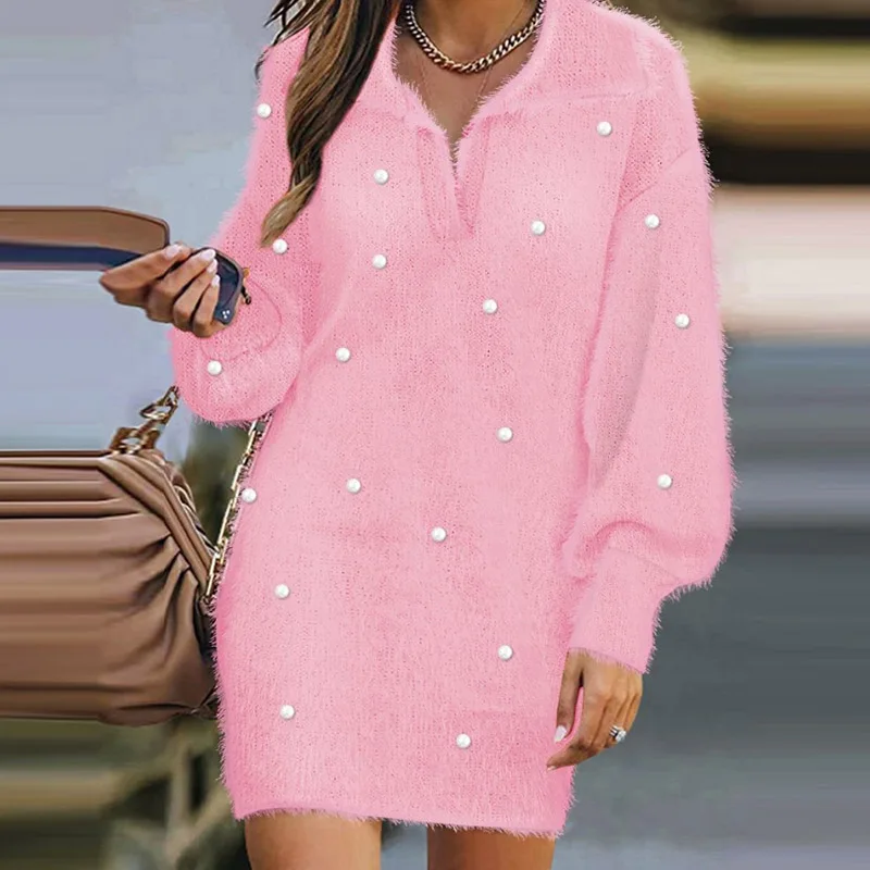 Elegant Solid Color V Neck Loose Dress Female Casual Lapel Long Sleeve Party Dress Fashion Autumn Soft Pearl Mini Pullover Dress 
Elegant Solid Color V Neck Loose Dress Female Casual Lapel Long Sleeve Party Dress Fashion Autumn Soft Pearl Mini Pullover Dress