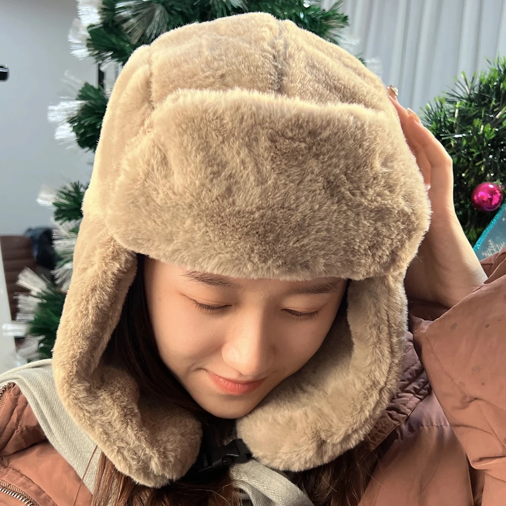 

Faux Fur Bomber Hat Winter Outdoor Ear Protecttion Hats Thicken Plush Warm Caps Windproof Ski Cap Earmuff Ear Flap Cap Women Men