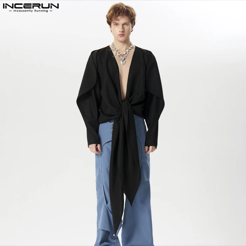 

INCERUN Tops 2024 American Style New Men Loose Layered Design Solid Shirts Casual Party Cropped Bubble Long Sleeved Blouse S-5XL