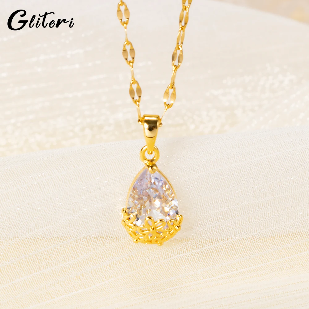

GEITERI Gold Color Chain Water Drop Necklaces For Women Girls Crystal Stones Pendant Choker Charm Jewelry Anniversary Gifts 2023