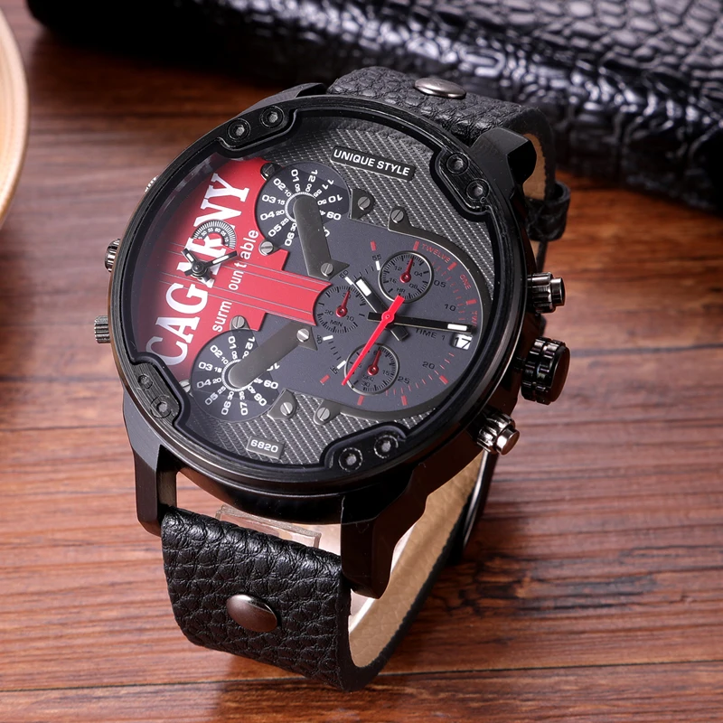 

Men Luxury Watch Cool Big Case Quartz Watch for Men 2 Time Zones Men's Watches Leather Casual Military Reloj Hombre Male Clock