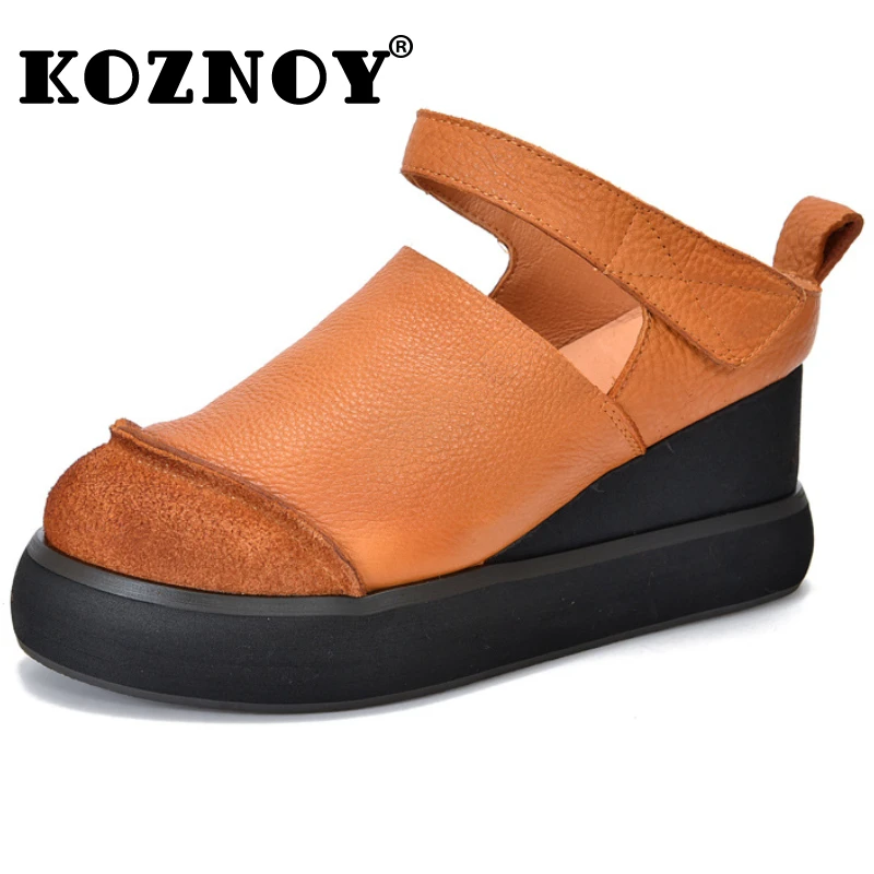 

Koznoy 8cm Slipper Cow Genuine Leather Wedges Summer Women Thick Soled Moccasins Hook Platform Sandals Round Toe Ladies Shoes