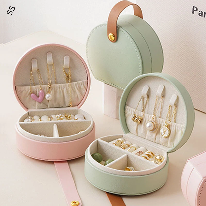 

Small Portable Travel Jewelry Storage Boxes Candy Color Round Earring Necklace Carrying Case Ring Organizer Anti-collision