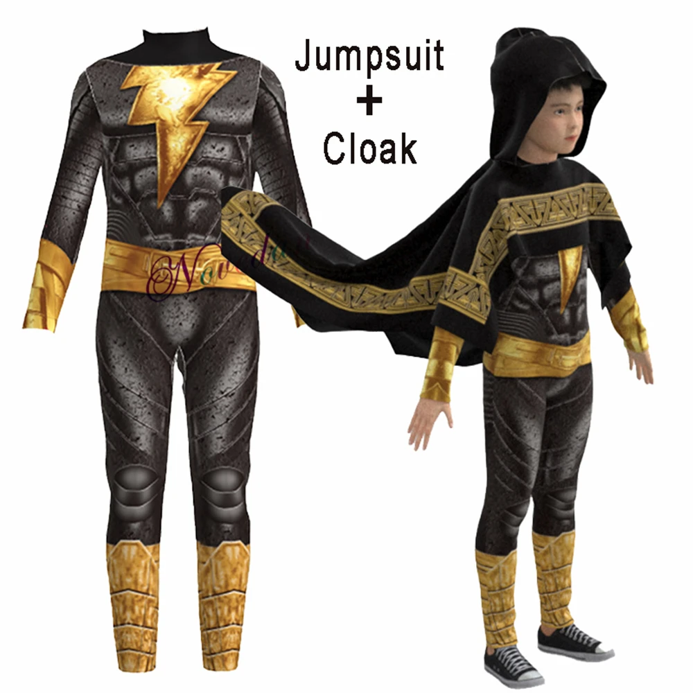 

New 2023 Movie Black Adam Cosplay Costume Superhero Cosplay Jumpsuit Birthday Party Halloween Costume Kid Men Bodysuit Cape Suit