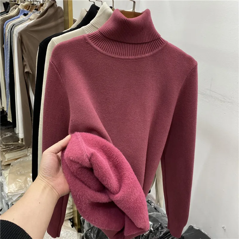 

Office-lady Turtleneck Warm Sweater Women Fashion Thicken Velvet Lined Knitted Pullover Top Winter Elegant Casual Knitwear 29260