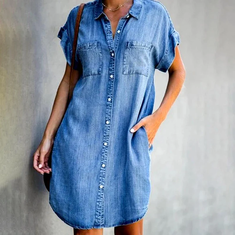 Summer Women Knee-Length Dress Fashion Turn-down Collar Short Sleeve Button Denim Shirt Dress Woman Casual Jean Dresses
Summer Women Knee-Length Dress Fashion Turn-down Collar Short Sleeve Button Denim Shirt Dress Woman Casual Jean Dresses