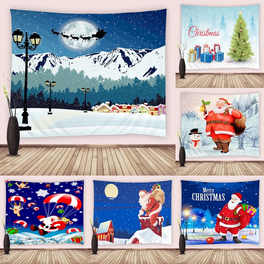 

Merry Christmas Tapestry Santa Claus Reindeer Sled Winter Snow Tapestries Wall Hanging Cloth Bedroom Living Room Dorm Xmas Decor