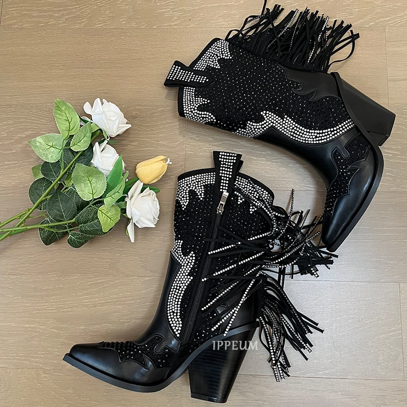

IPPEUM Western Cowboy Boots Fringe Sparkly Rhinestone Botas New Style Retro Black Fashionable Thick Heel Cowgirl Boots