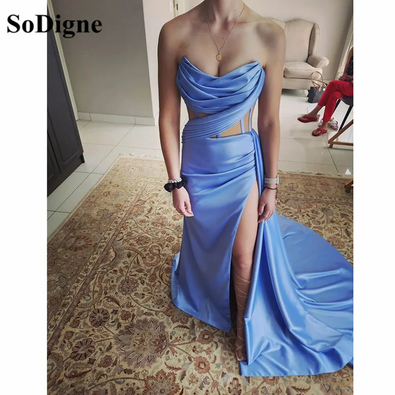 

SoDigne Sky Blue Formal Evening Dresses Pleat Dubai Bone Lace Up Side Split Celebrity Party Gowns Arabia Prom Dress 2023