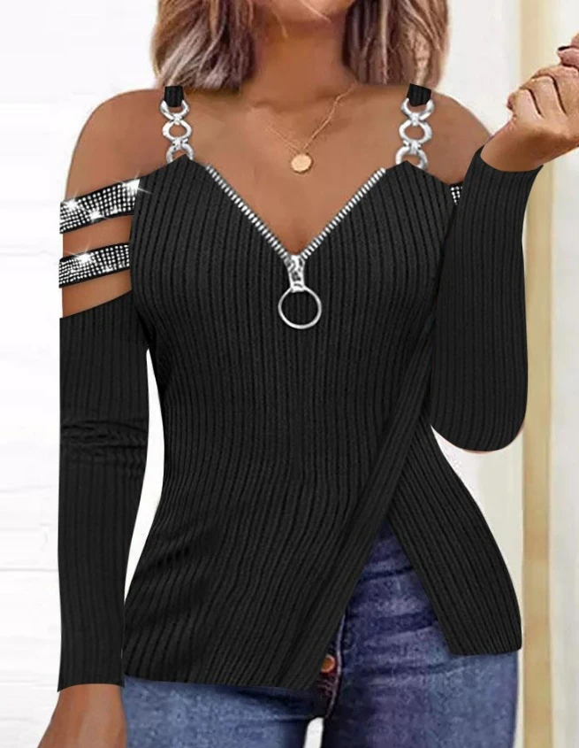 

Women Blouse Tops Casual Daily Solid Color Rhinestone Cold Shoulder Short Sleeve Chain Decor Zipper Cutout Slit Skinny Tee Top