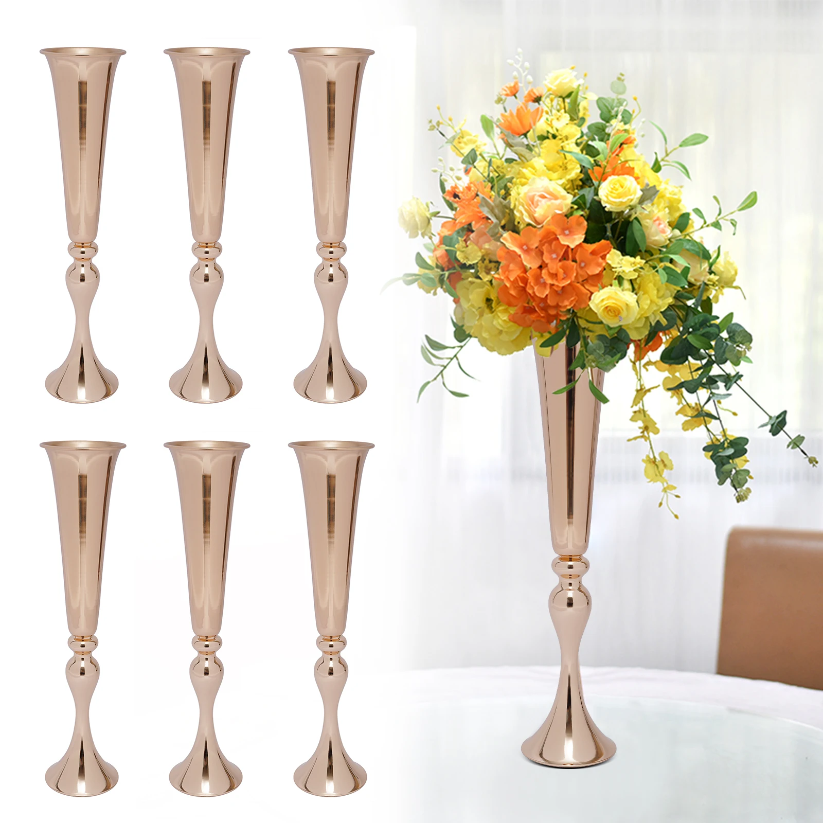 

Gold Metal Table Flower Stand Vase 6Pcs Candle Holder 22.2" Tall Wedding Centerpiece Party Event Hotel Decoration