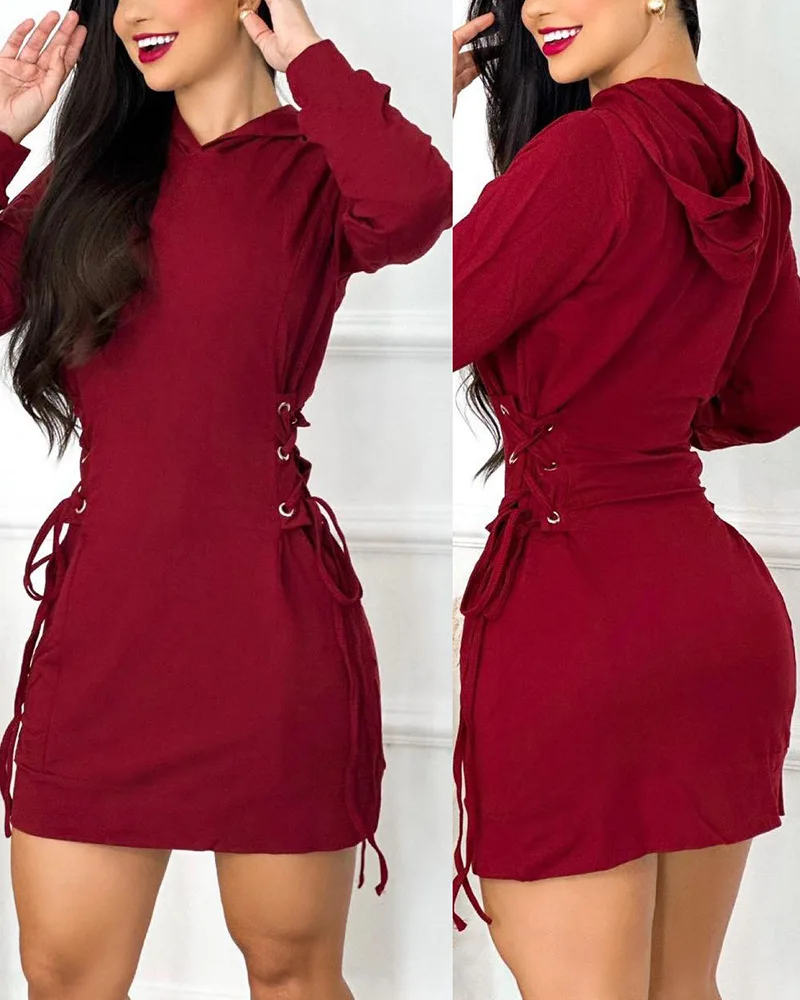 Eyelet Lace-up Hooded Sweatshirt Dress Women High Waist Solid Color Long Sleeve Mini Dress Sweatshirts
Eyelet Lace-up Hooded Sweatshirt Dress Women High Waist Solid Color Long Sleeve Mini Dress Sweatshirts