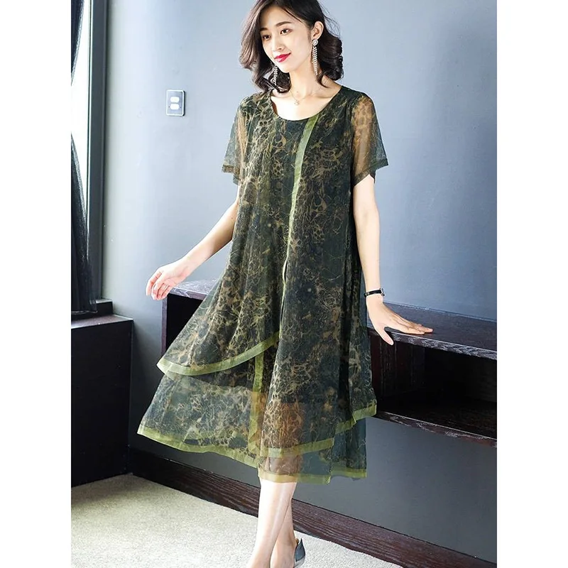 

Fashion O-Neck Gauze Printed Leopard Irregular Vintage Dress Women's Clothing 2024 Summer New Loose Asymmetrical Midi Dress