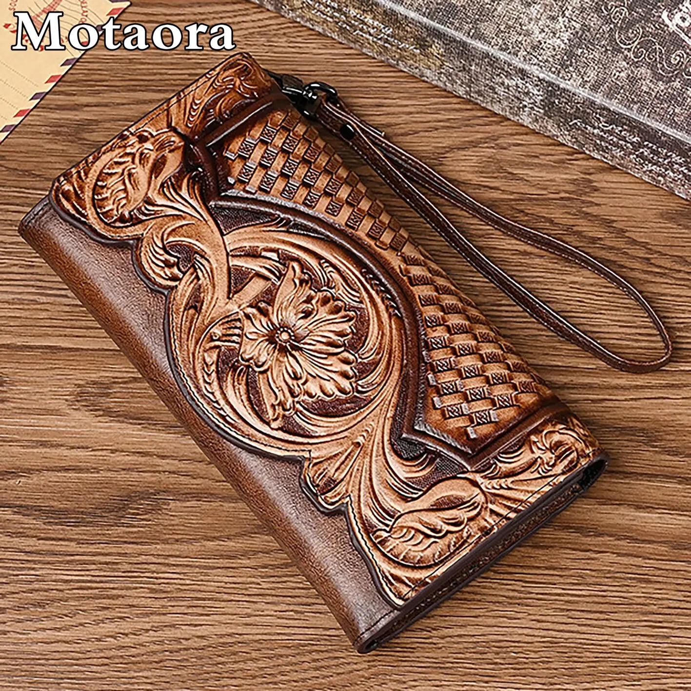 

MOTAORA Vintage Embossed Women's Wallet Genuine Leather Long Ladies Wallets For Woman Purse Organizer Clutch Bag With Wristlet