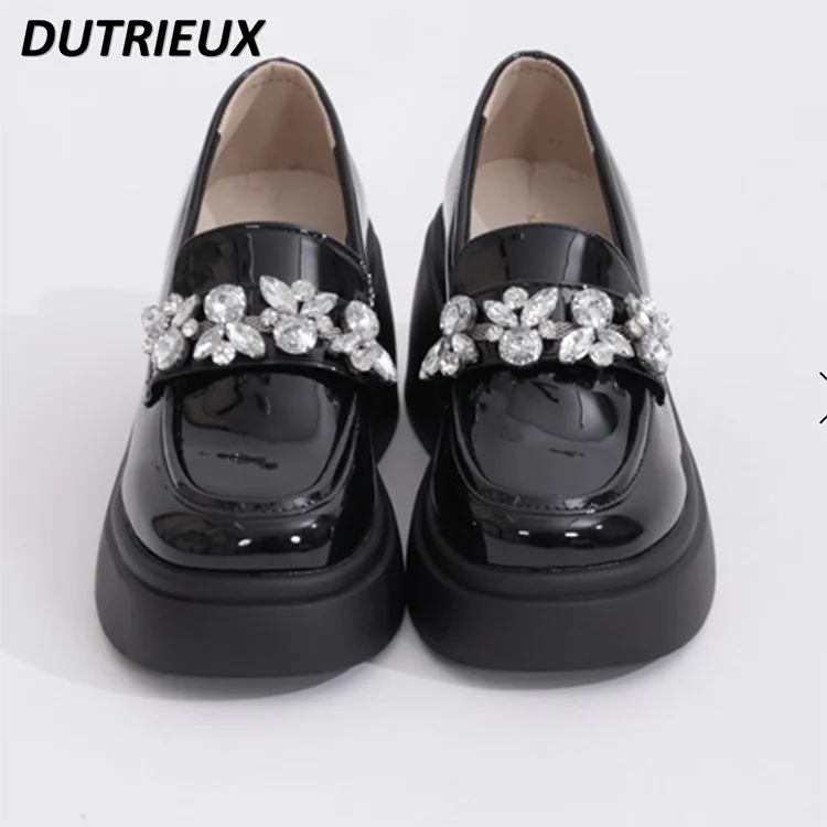 

New Japanese Style French Advanced Platform Height Increasing Shoes Sweet Cute Girls Wild Black Slimming Rhinestone Loafer Shoes