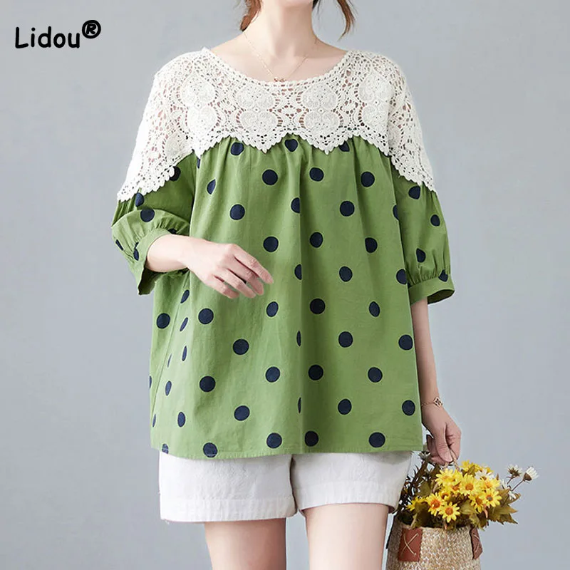 

Korean Fashionable Polka Dot Printed T-shirt for Female 2023 Summer Lace Spliced Loose 3/4 Sleeve Tops Summer Women's Clothing