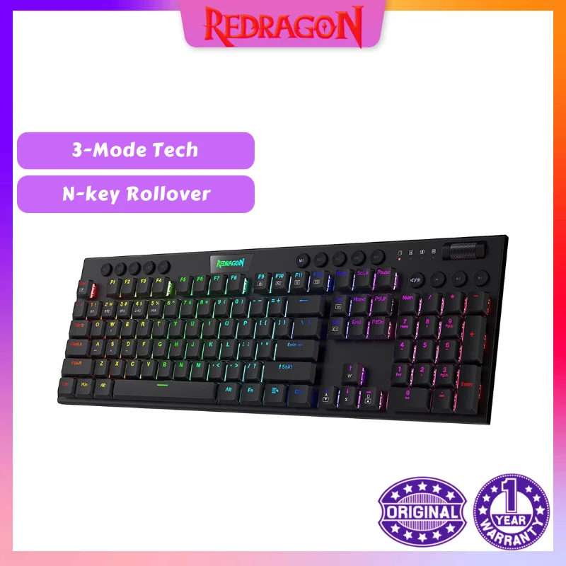 Механическая клавиатура Redragon K618 Horus, беспроводная, RGB, Bluetooth/2,4 ГГц/Проводная, трехрежимная, низкопрофильная игровая клавиатура