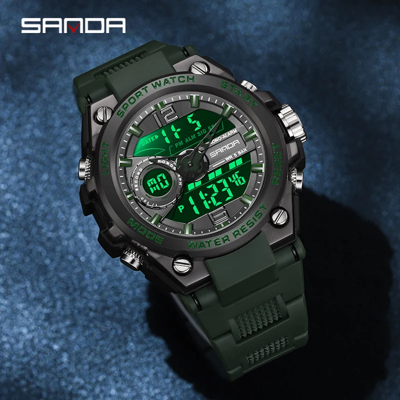 

SANDA 6092 2023 Fashion Men Sports Watches Dual Display Analog Digital LED Electronic Quartz Watch 50m Waterproof Wristwatches
