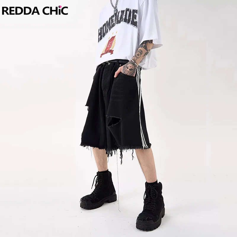 

REDDACHIC Side Bar Ripped Baggy Jorts for Men Raw Edge Wide Leg Pants Torn Summer Denim Shorts Vintage Y2k Harajuku Streetwear