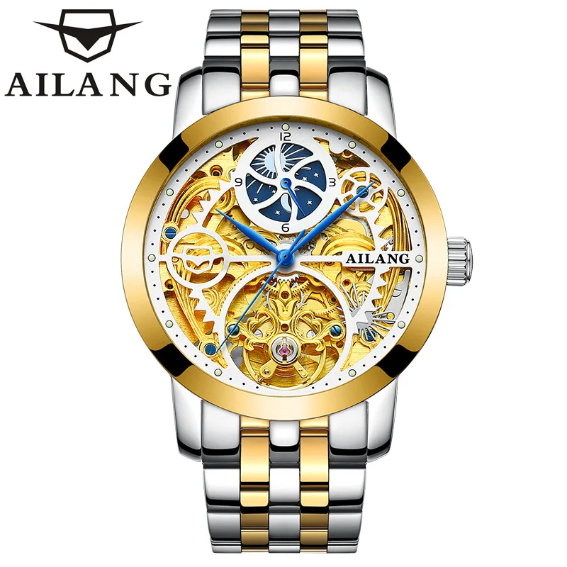 

AILANG New Luxury Gold Hollow Tourbillon Mechanical Watch for Men Stainless Steel Waterproof Luminous Skeleton Watches Mens