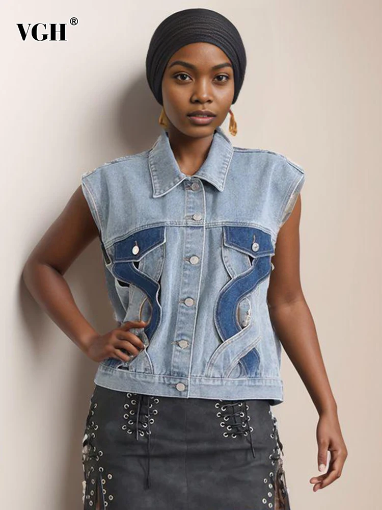 VGH Colorblock Hollow Out Casual Denim Waistcoats For Women Lapel Sleeveless Spliced Single Breasted Streetwear Waistcoat Female
VGH Colorblock Hollow Out Casual Denim Waistcoats For Women Lapel Sleeveless Spliced Single Breasted Streetwear Waistcoat Female