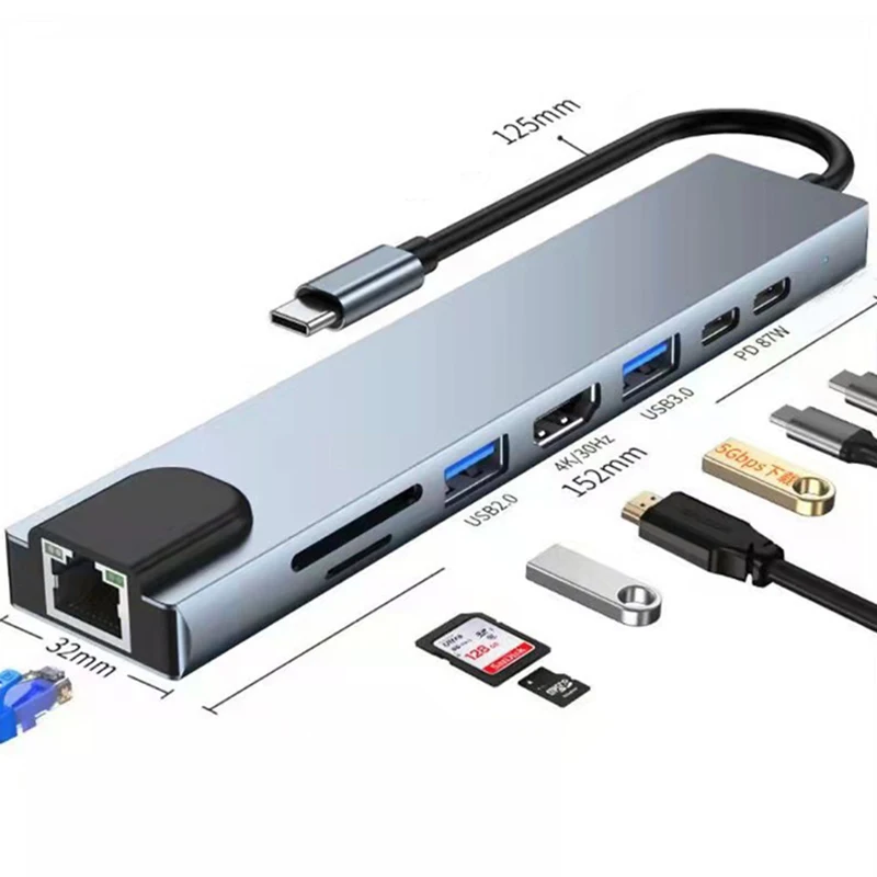 

Type C Hub 8 in 1 USB HUB with HDMI Laptop Converter USB C Adapter USB 3.0 2.0 Disk Ethernet Cable OTG Card Reader Charging Dock