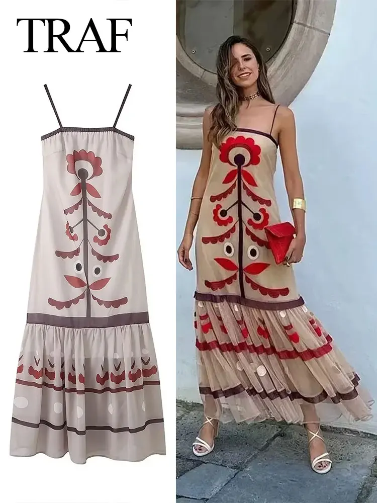 

TRAF New Woman Chic Print Long Dress Spliced Sexy Backless Sleeveless Dresses Vintage Casual Loose Female Dresses Mujer Vestidos
