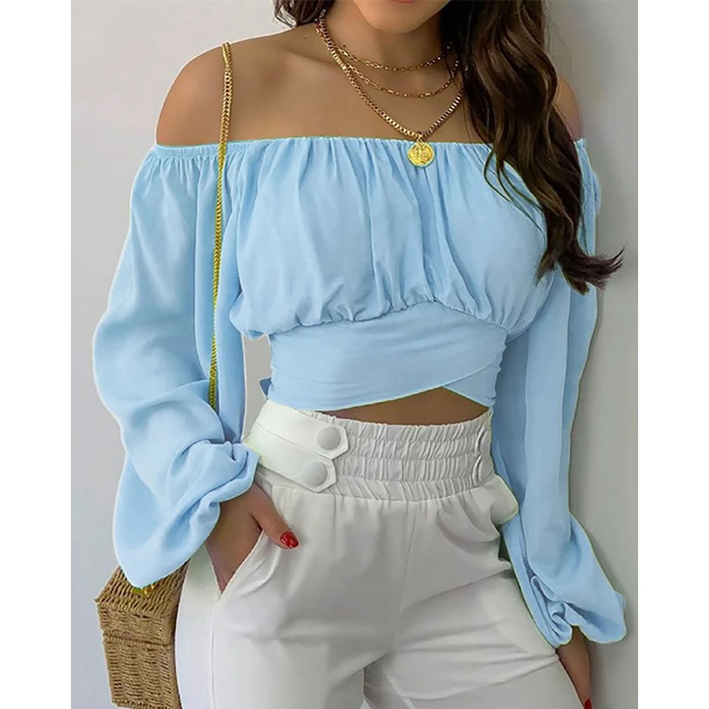 

Women's Ruched Fold Off The Shoulder Crop Top Sexy Lantern Sleeve Blouse Fashion Casual Tied Back Detail Shirts Spring Summer