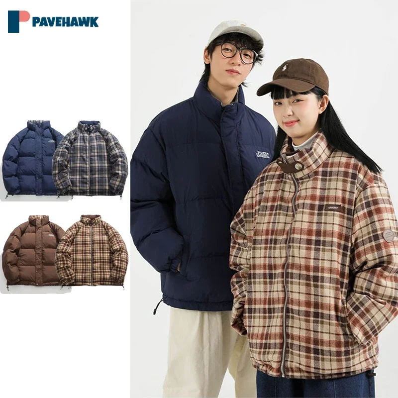 

Winter Double Sided Stand Collar Parkas Man Woman Thick Warm Lattice Bubble Coats Harajuku Retro Loose Padded Jackets Couple New